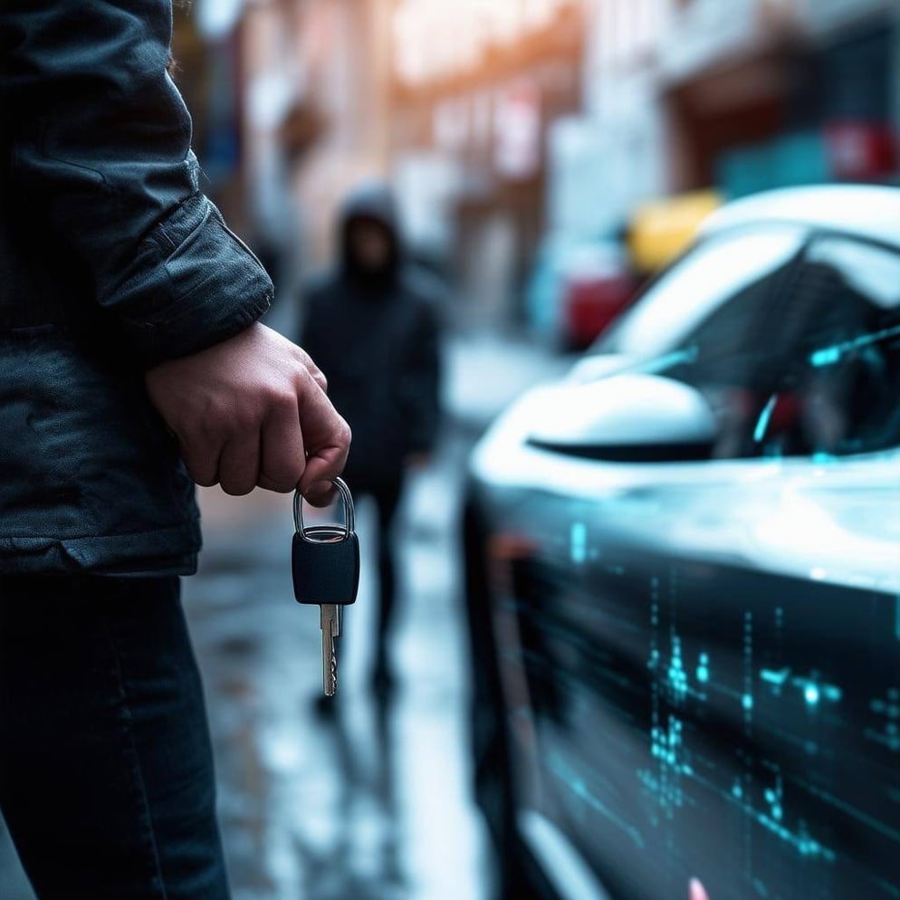 The image depicts a sleek, modern car parked on a city street, its shiny exterior reflecting the sunlight