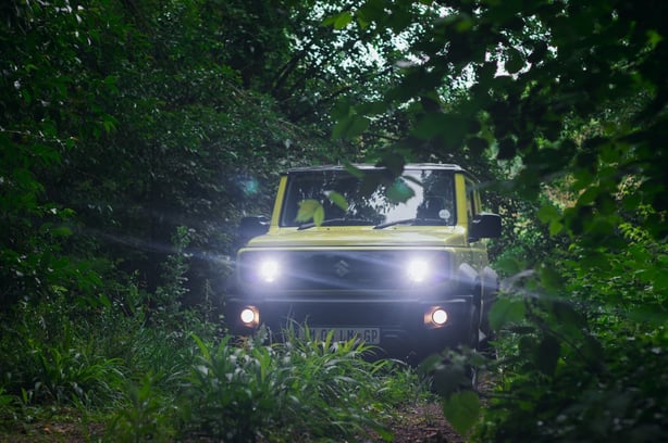 Green Suzuki Jimny in the forest 