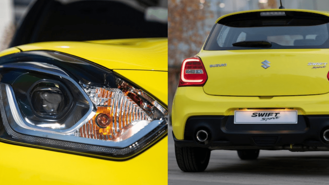 Suzuki Swift Sport Champion Yellow with view of light and back of car 